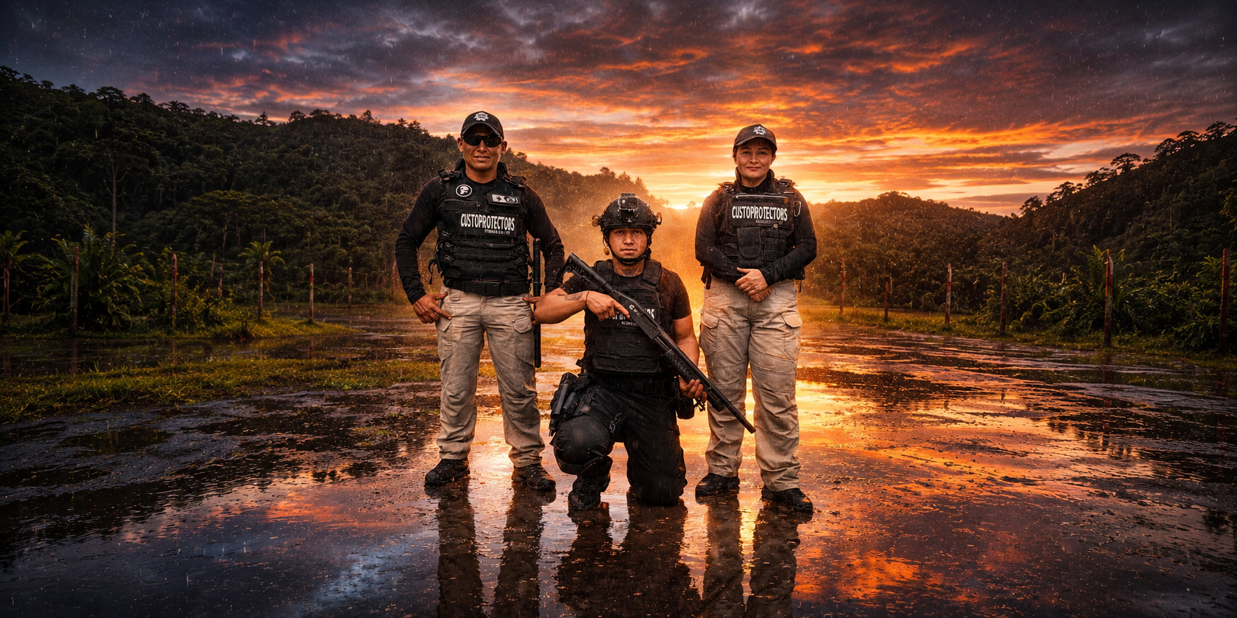 Equipo táctico de Custoprotectors al atardecer